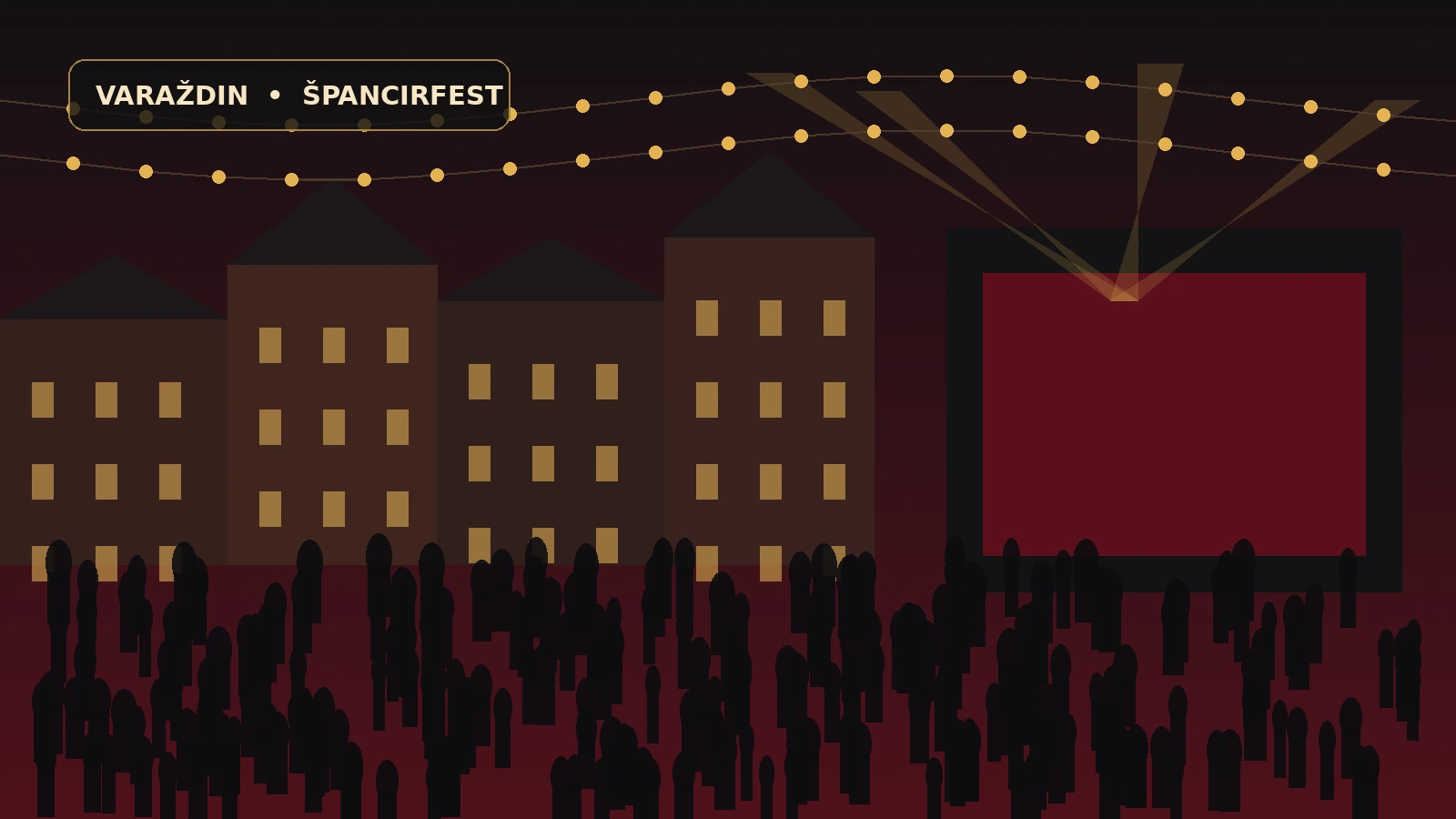 Stilizirana večernja festivalska pozornica i publika u povijesnoj jezgri Varaždina tijekom Špancirfesta