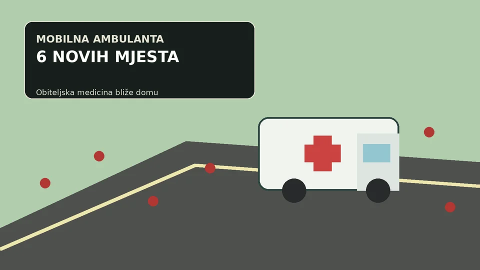 Ilustracija mobilne ambulante obiteljske medicine na cesti kroz naselja Varaždinske županije