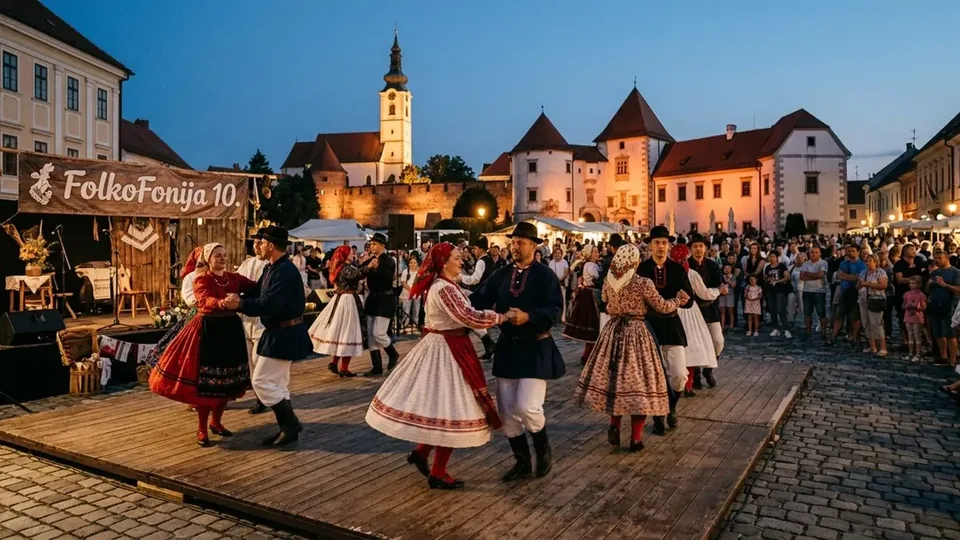 Stilizirana večernja scena FolkoFonije na Europskom trgu u Varaždinu s folklornim plesačima i gradskom siluetom