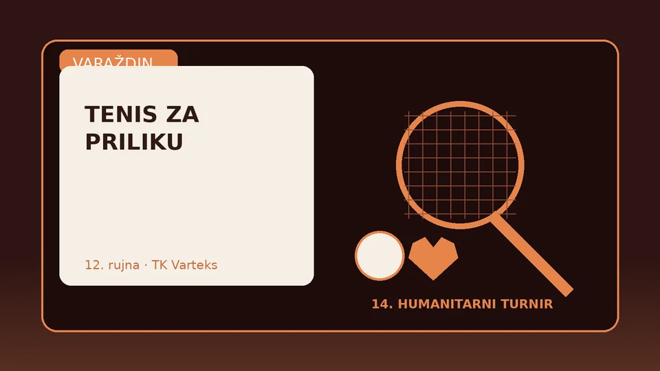 Ilustracija humanitarnog teniskog turnira u Varaždinu s reketom, lopticom i simbolom podrške zajednici