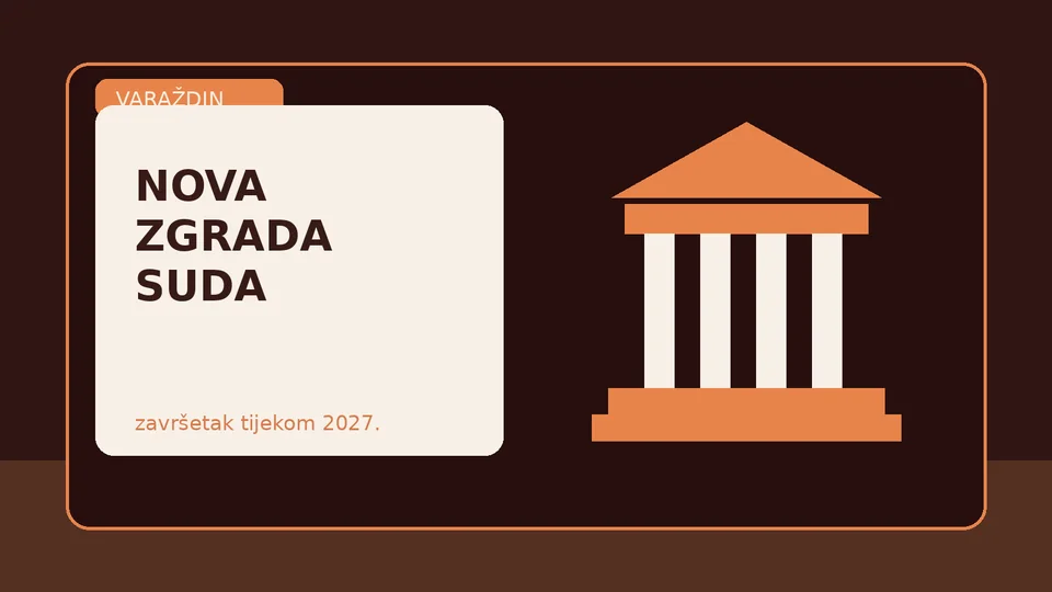 Grafička ilustracija nove zgrade suda u Varaždinu s pročeljem pravosudne zgrade i oznakom završetka tijekom 2027. godine