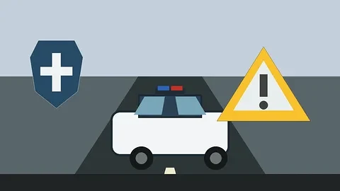 Ilustracija policijskog vikend izvještaja s cestom, vozilima i sigurnosnim simbolom