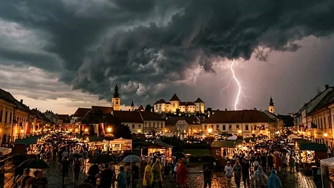 Stilizirani prikaz Varaždina nakon prolaska subotnje nestabilnosti, s vedrijim nebom uoči završnog dana Špancirfesta